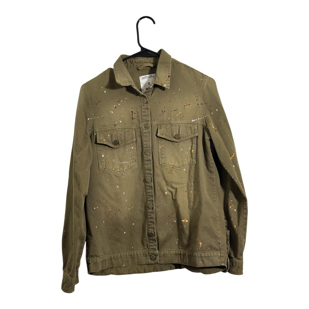Zara Woman Premium Denim Olive Green Paintβ Splatter Utility Shirt Jacket Small